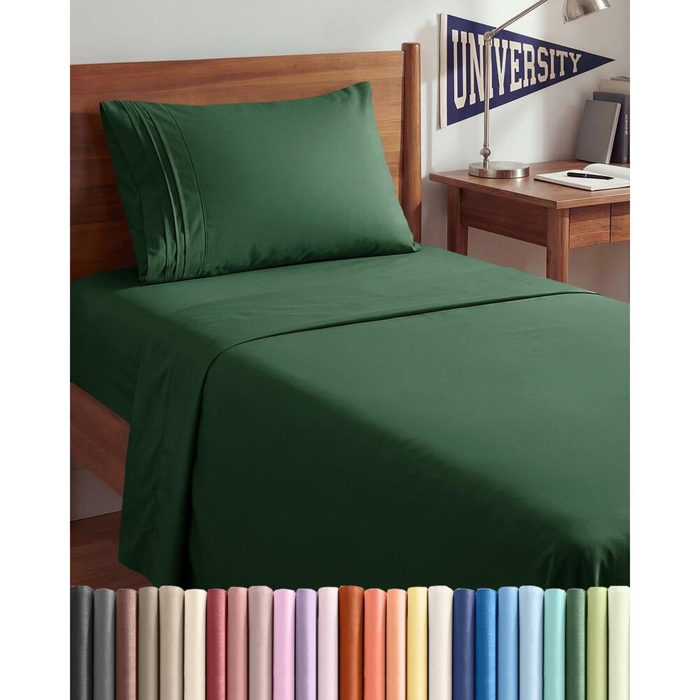 Twin XL Sheet Set Emerald Green Deep Pockets Soft Pleated Pillowcase OEKO-TEX
